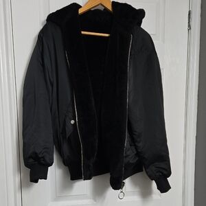 Black Reversible Faux Fur Lined Hooded Bomber Jacket